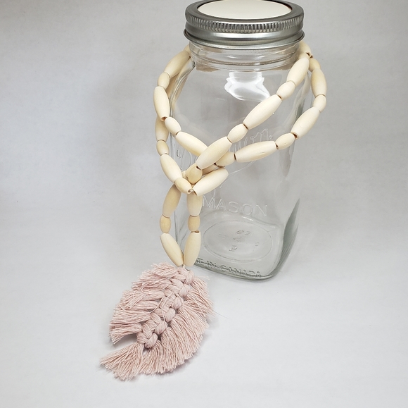 Farmhouse wood beads with Pink Tassel, Natural Wood, 17" length - Picture 2 of 4